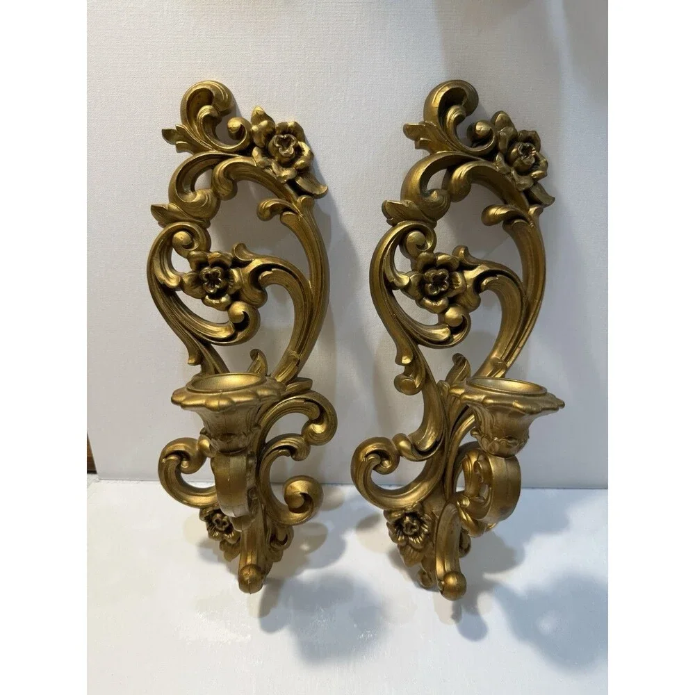 Vintage 1971 Homco Ornate Floral Scroll Wall Sconces Candle Holders Hollywood